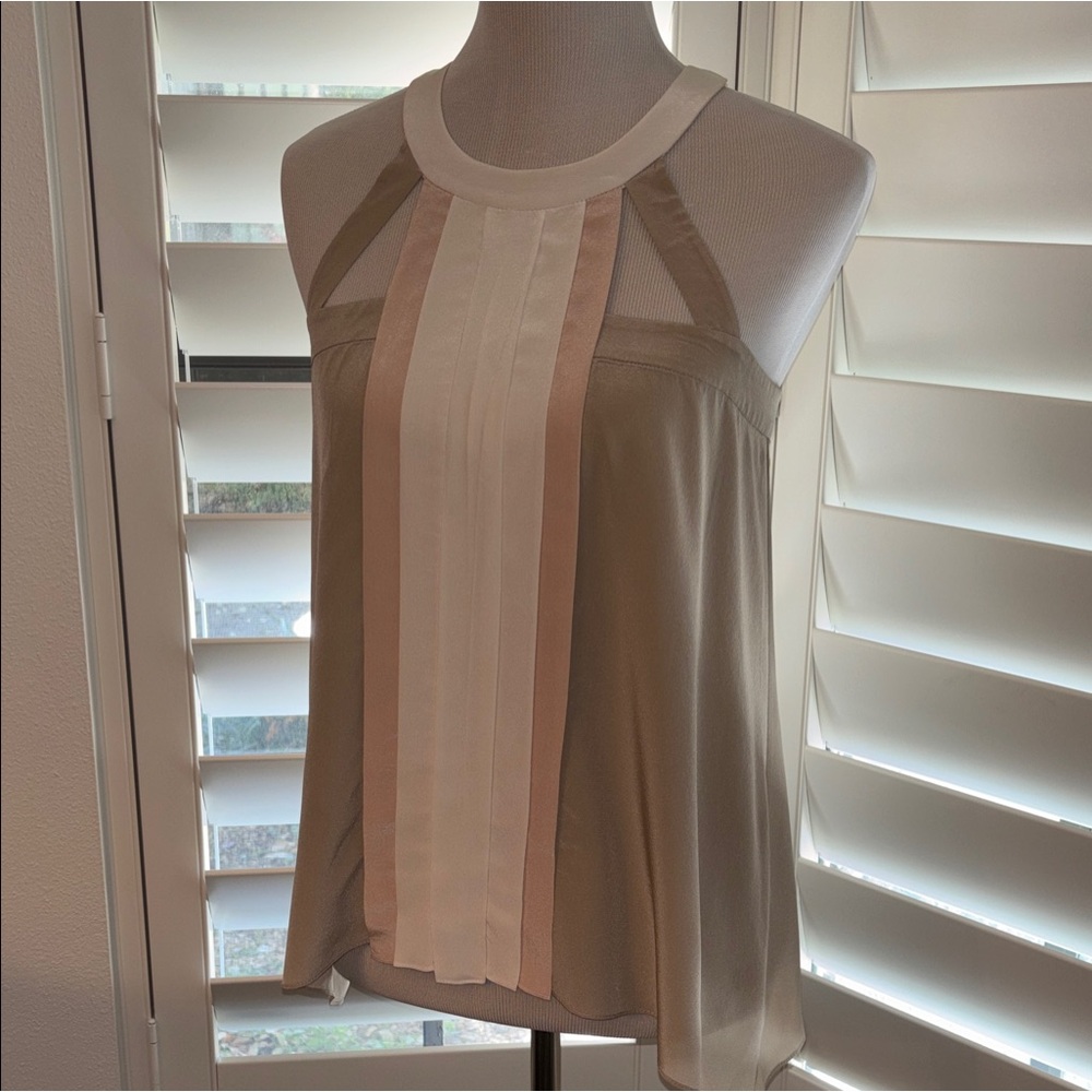 BCBGMaxAzria Taupe and Ivory Sleeveless Blouse - XS